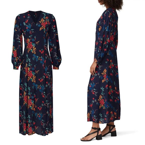 SEA New York Mari Floral Midi Dress Navy Blue V-Neck Long Sleeve Size 6 H12689 - Picture 9 of 10